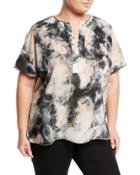 Lula Watercolor-print Silk Blouse, Black Pattern,
