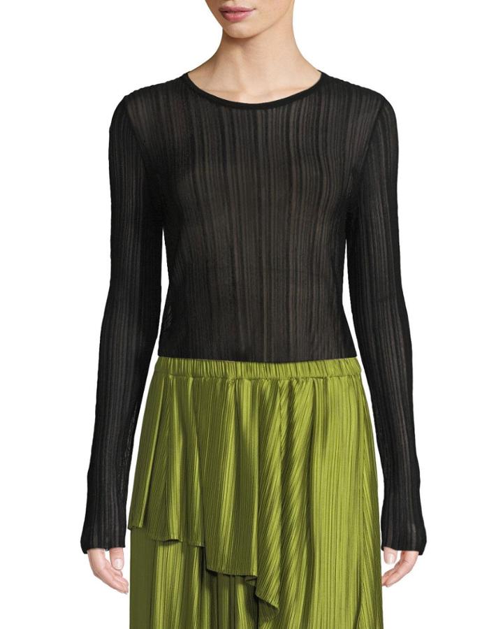 Kiril Plisse Crewneck Long-sleeve Top