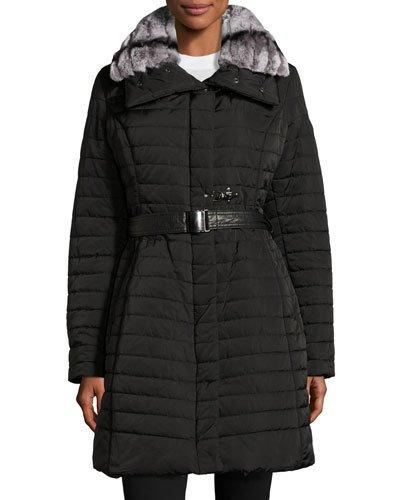 Fur-trim Belted Puffer Coat, Black