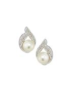 14k White Gold Curved Pearl & Diamond Stud Earrings,