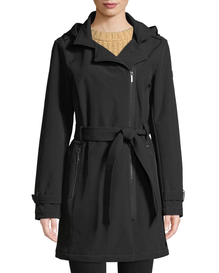 Removable Hood Asymmetric Zip-front Soft-shell Belted Coat