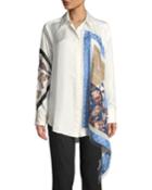 Long-sleeve Patchwork Button-down Top With Fringe