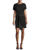 Crewneck Short-sleeve Shirtdress With Tie Detail