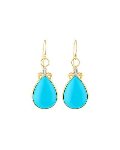 Large Pear Turquoise Fleur Dangle & Drop Earrings W/ Diamonds