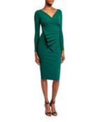 V-neck Long-sleeve Asymmetric Shirred Detail Dress