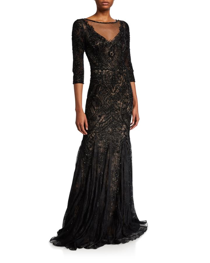 Embellished Tulle 3/4-sleeve Godet Illusion Gown