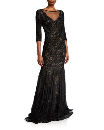 Embellished Tulle 3/4-sleeve Godet Illusion Gown