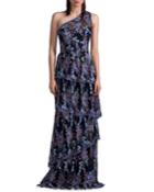 One-shoulder Floral-embroidered Tiered Evening Gown