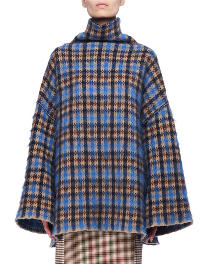 Oversized Plaid Mock-neck