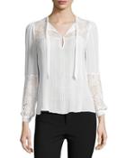 Lace-inset Long-sleeve Chiffon Top, Chalk