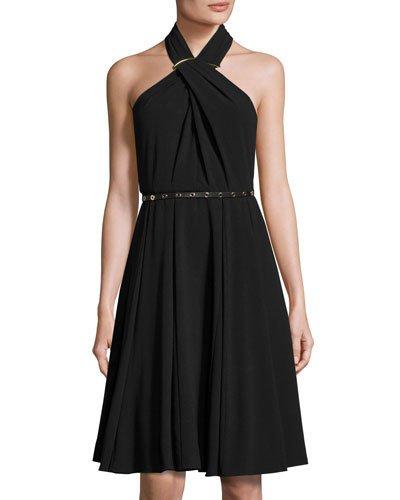 Cross-neck Halter Dress, Black