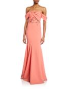 Off-the-shoulder Crepe Gown W/ Draped-bodice & Beaded Embroidery