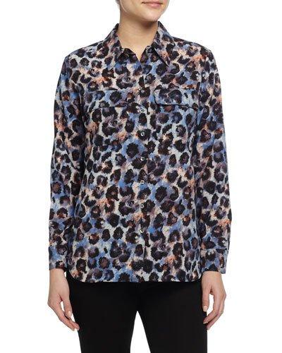 Long-sleeve Animal-print Blouse, Navy/multi