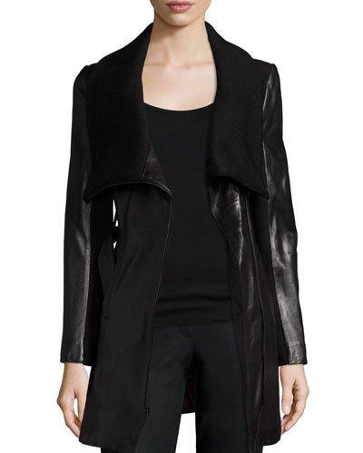 Leather & Knit Belted Wrap Coat