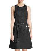 Zip-front Belted A-line Dress