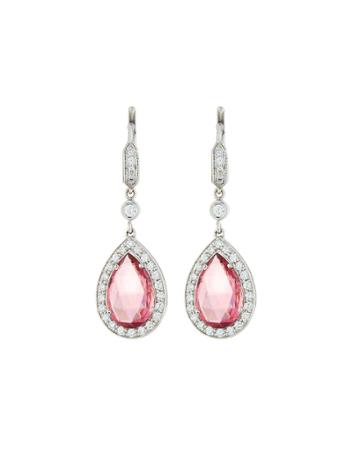 18k White Gold Pink Tourmaline & Diamond Drop Earrings