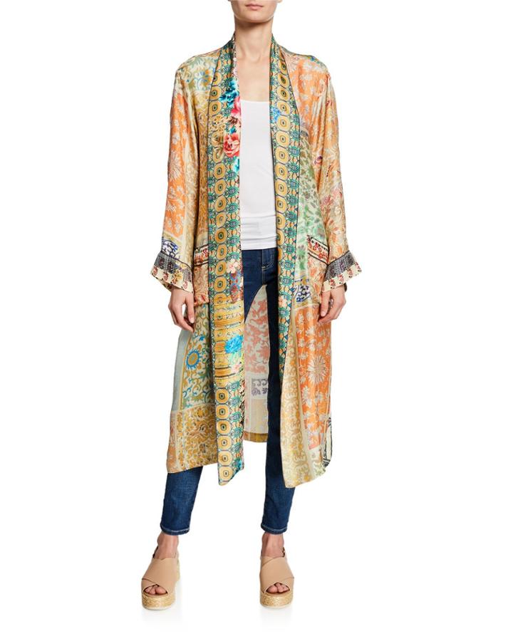 Prima Printed Long-sleeve Silk Twill Robe