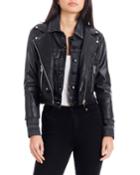 Cropped Faux-leather Biker Jacket W/ Denim Combo