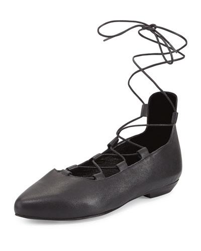 Loop Pointed-toe Lace-up Flat, Black