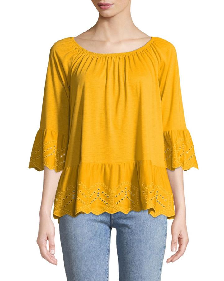 3/4-sleeve Eyelet-embroidered Tee