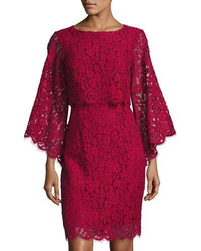 Flare-sleeve Lace Popover Dress, Ruby