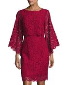 Flare-sleeve Lace Popover Dress, Ruby