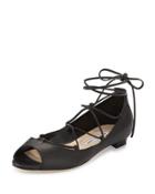 Aneska Leather Lace-up Open-toe Flat, Black