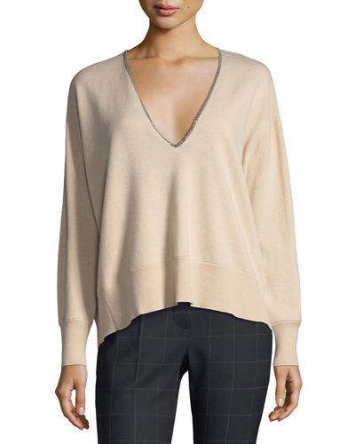 Monili-beaded Cashmere V-neck