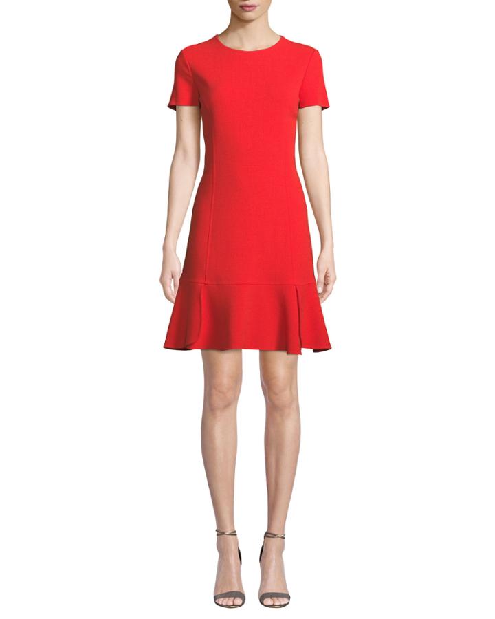 Short-sleeve Wool-blend Shift Dress W/