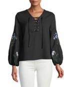 Embroidered-sleeve Tie-front Blouse