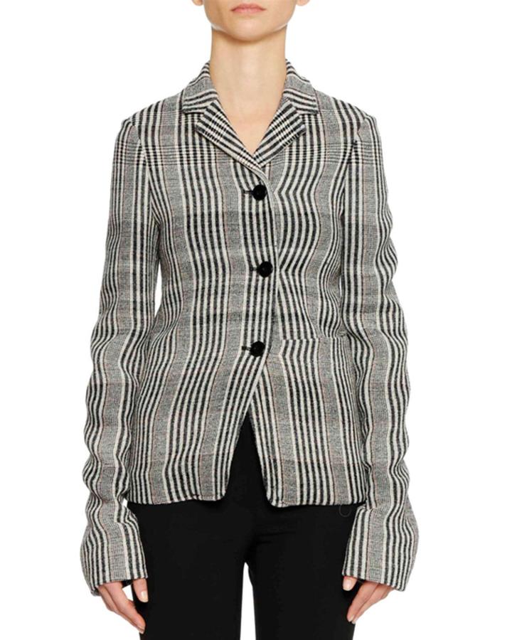 Three-button Plaid Check Shrunken Blazer W/ Oversized Patch Pockets