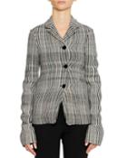 Three-button Plaid Check Shrunken Blazer W/ Oversized Patch Pockets