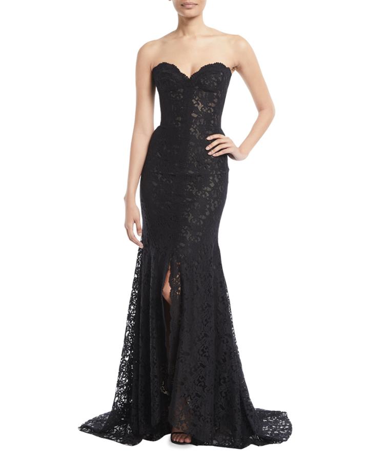 Strapless Sweetheart-neck Front-slit Lace Evening Gown W/ Train
