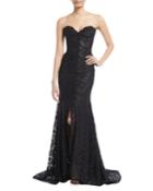 Strapless Sweetheart-neck Front-slit Lace Evening Gown W/ Train