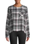 Kathleen Long-sleeve Plaid Popover Blouse