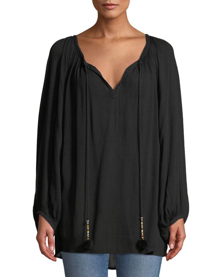 Tie-front Scoop-neck Full-sleeves Raglan Top