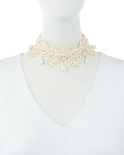 Lace Choker Necklace W/ Simulated Pearls, White