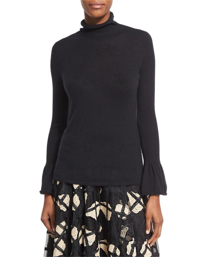 Cashmere Turtleneck Sweater With Bell Cuffs, Black