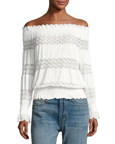 Smocked Off-the-shoulder Top, White