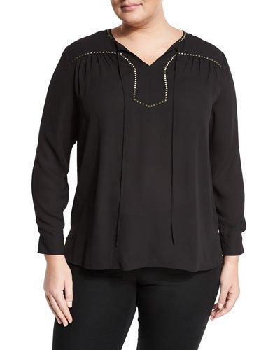 Studded Tie-neck Blouse, Rich Black,