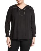 Studded Tie-neck Blouse, Rich Black,