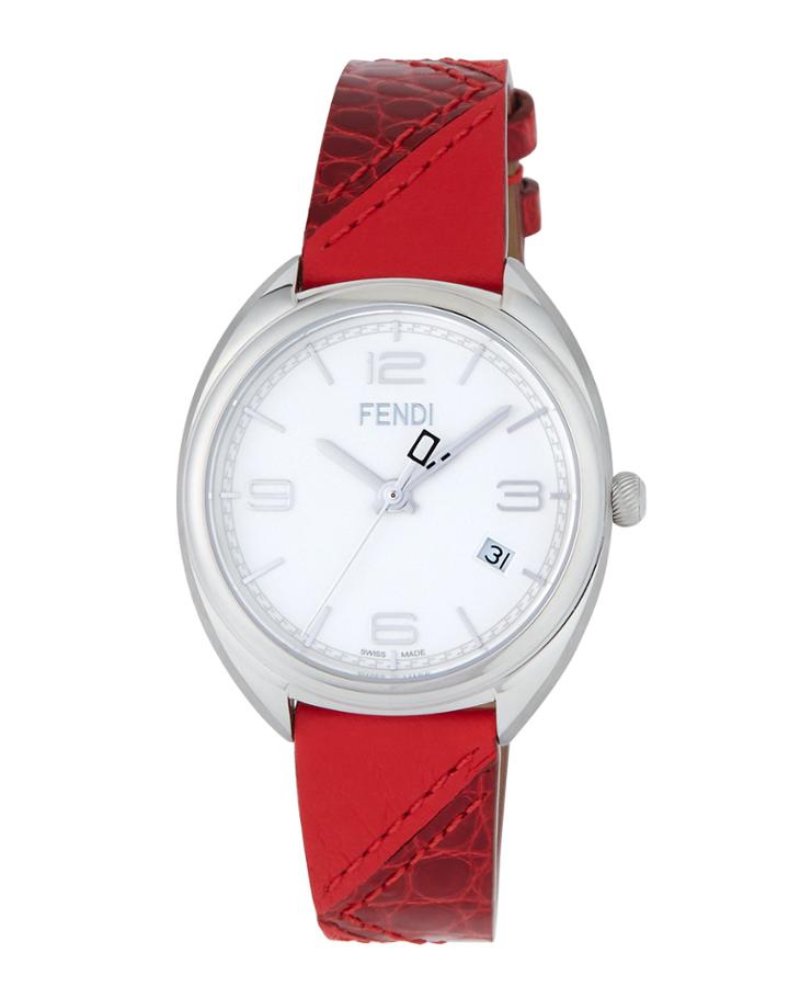 34mm Momento Date Watch W/ Leather, White/red