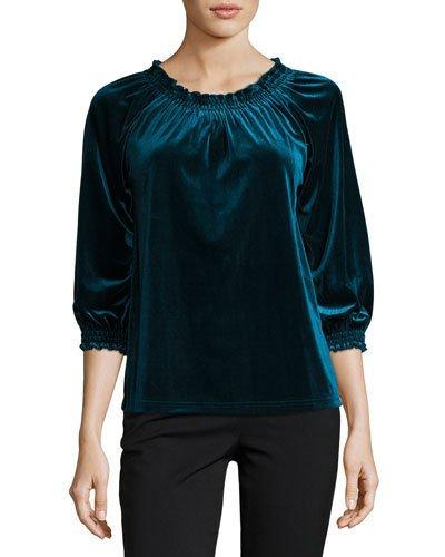 Smocked-neck 3/4-sleeve Velvet Top