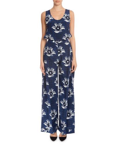 Sleeveless Floral-print Tunic, Navy