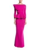 Dinara Long Peplum Gown W/ Asymmetric Ruffle