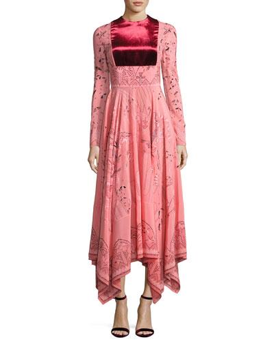 Long-sleeve Flared-skirt Dress, Pink/multi
