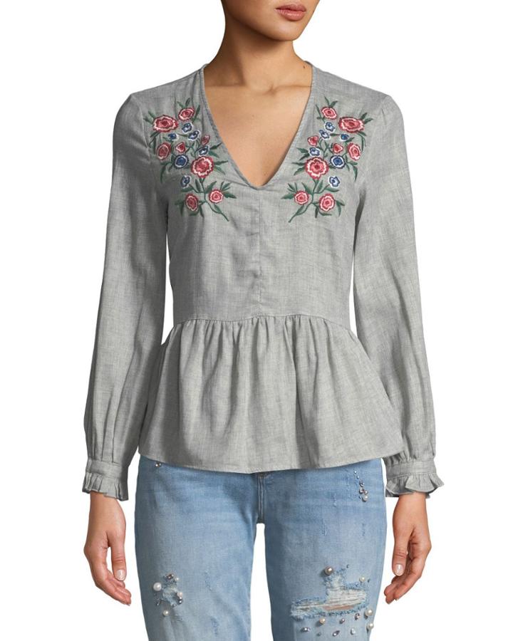Tully Embroidered V-neck Peplum Blouse