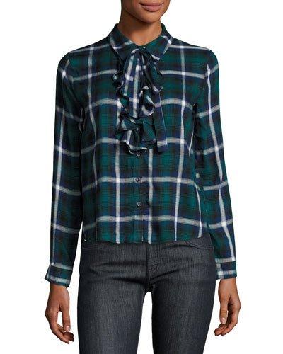 Ruffle Button-front Plaid Top, Blue/white