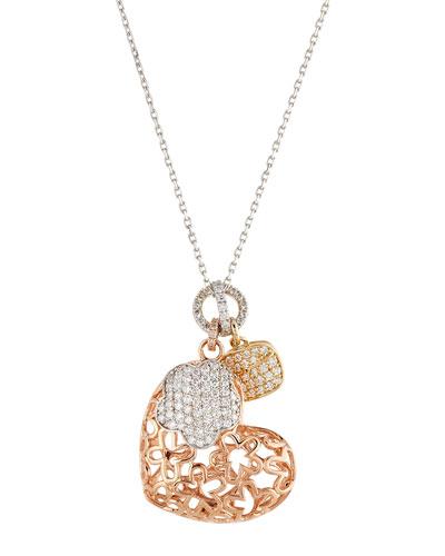 14k Tricolor Diamond Heart Locket Pendant Necklace,