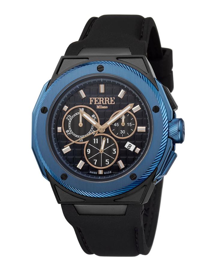 Men's 45mm Stainless Steel Chronograph Watch With Rubber Strap, Black/blue